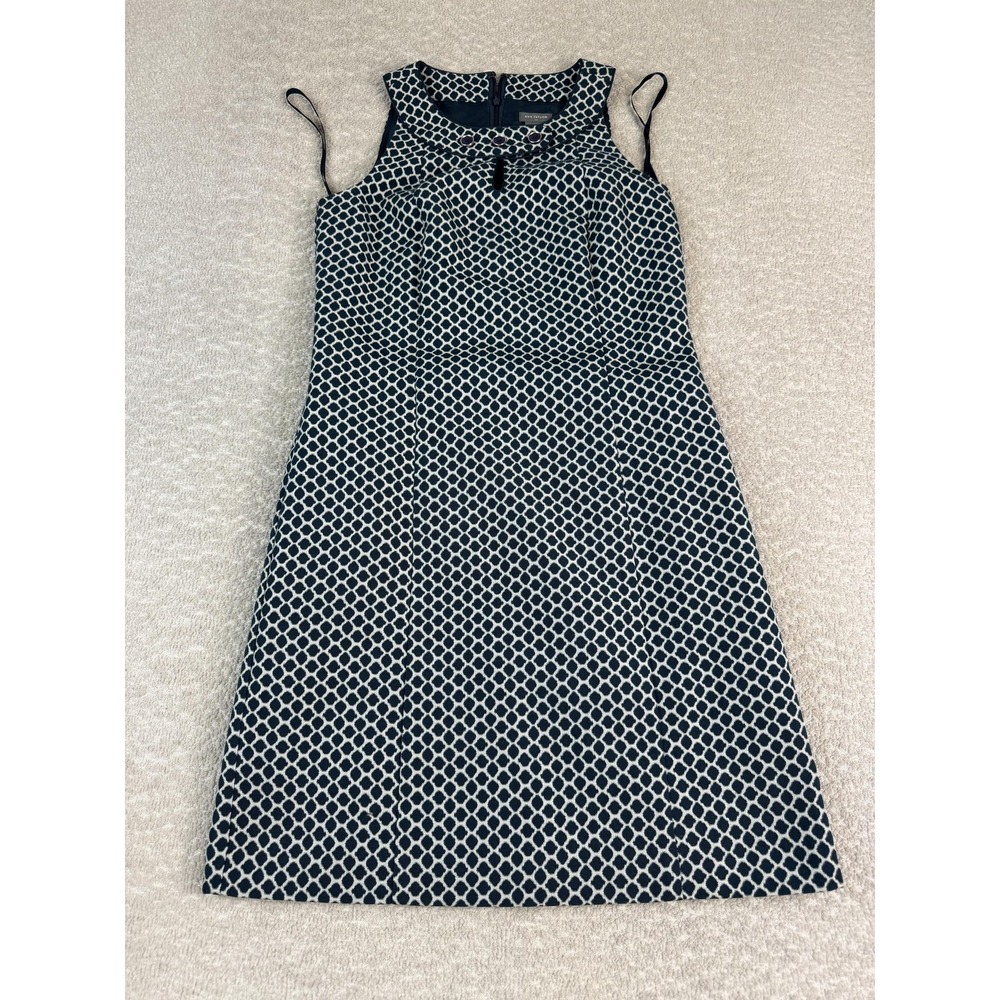 Ann Taylor Dress Womens 2 Blue White Geometric‎ Jacquard Sheath Sleeveless Lined